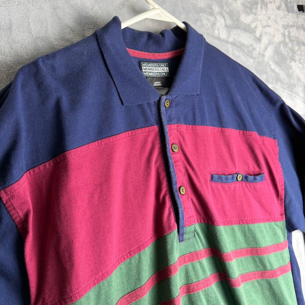 Vtg Striped Members Only Polo‎ Golf Striped Banded Bottom L Color block 80s Mens